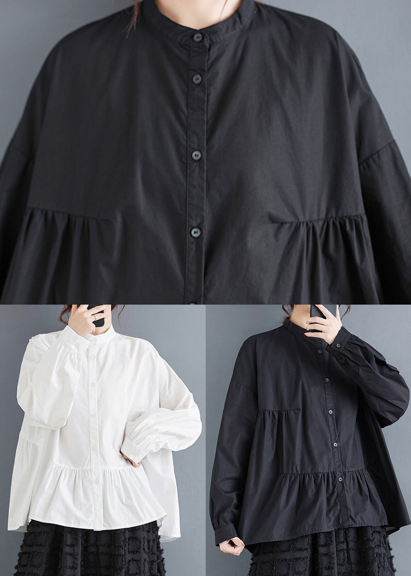 White Stand Collar Patchwork Cotton Shirts Spring