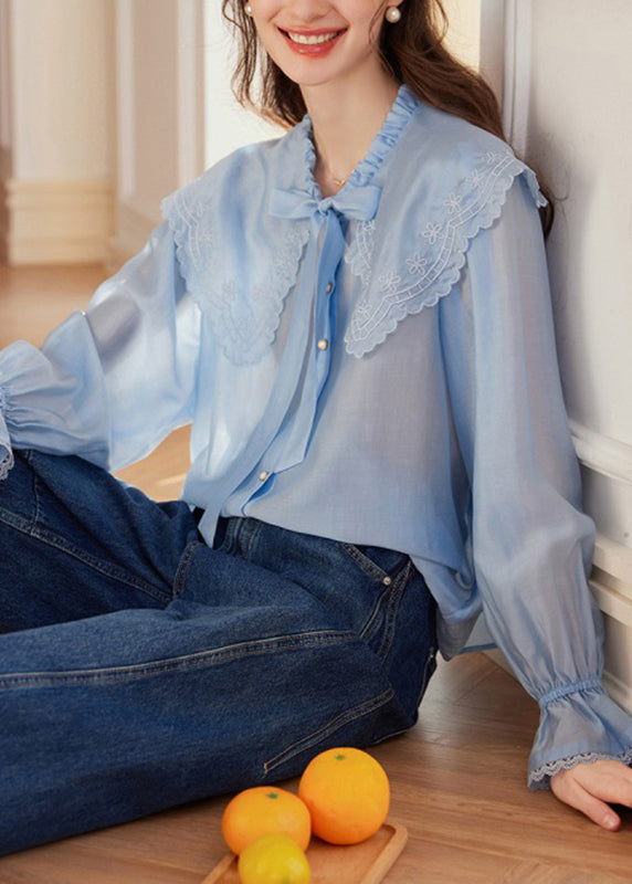 Blue Embroidered Tie Lace Tops Fall