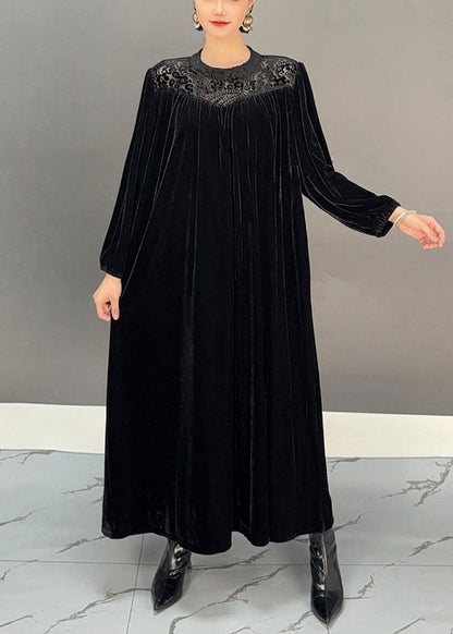 Loose Purple Red O Neck Silk Velour Maxi Dress Fall