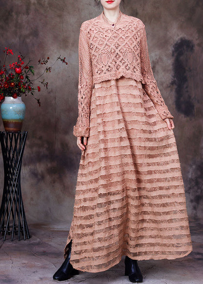 Khaki Hollow Out Side Open Dresses Two Pieces Set Spring