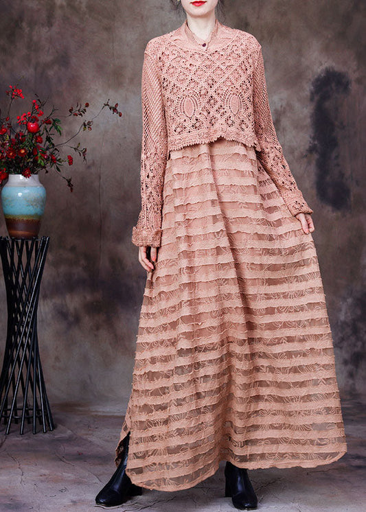 Khaki Hollow Out Side Open Dresses Two Pieces Set Spring
