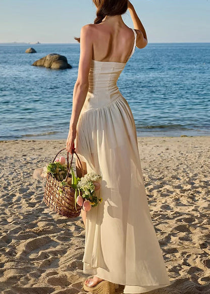 Stylish Beige Wrinkled Low High Design Chiffon Spaghetti Strap Dress Sleeveless