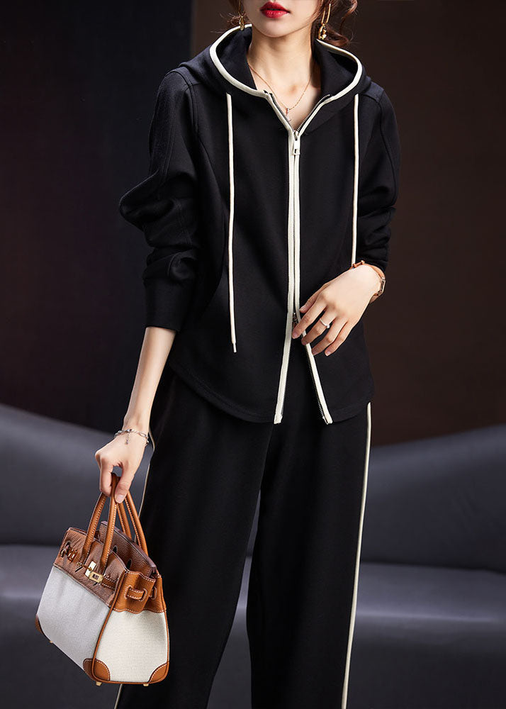 Natural Black Zippered Drawstring Patchwork Hooded Coats and Pants Two Pieces Set Long Sleeve