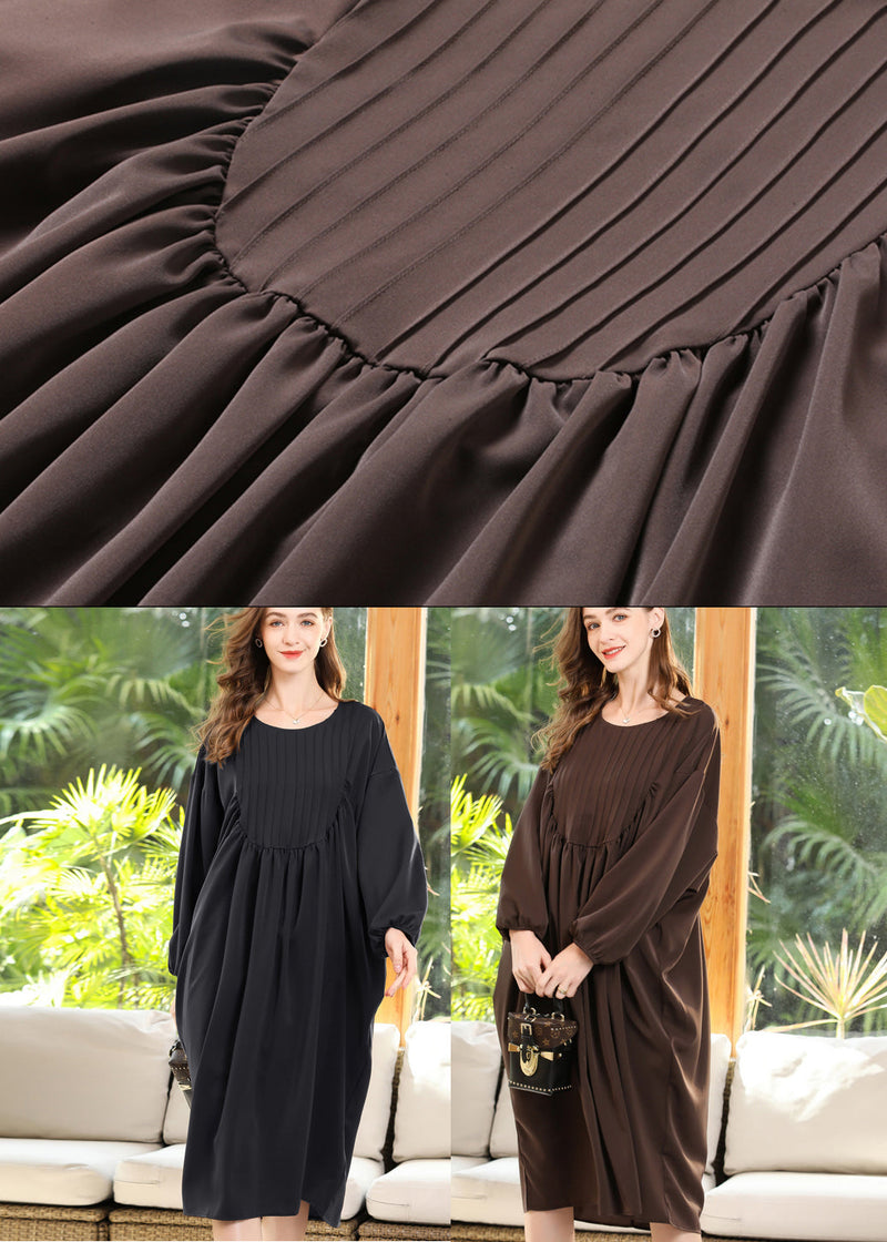Coffee Patchwork Chiffon Robe Dresses O-neck Wrinkled Batwing Sleeve