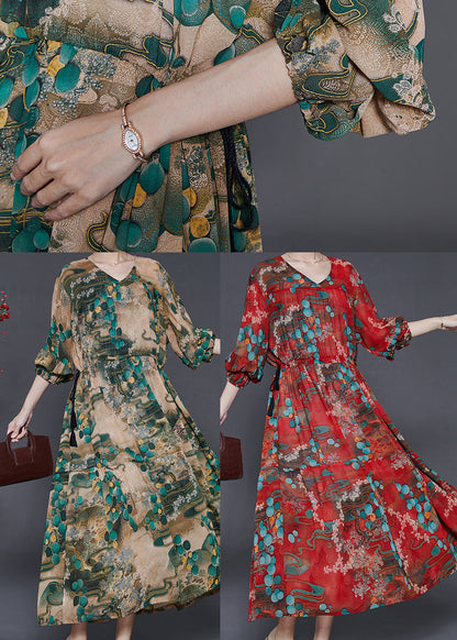 Green Cinched Print Chiffon Long Dress Fall