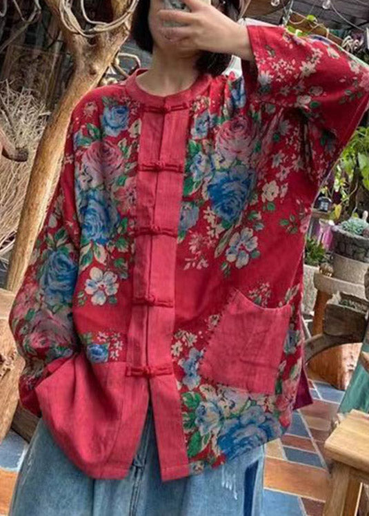 Red O-neck Print Button Pockets Cotton Top Long Sleeve