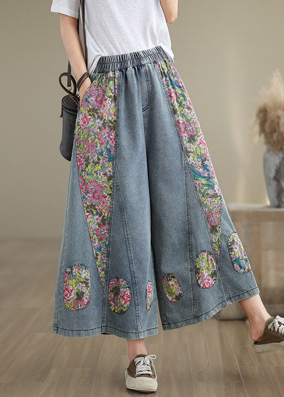 Blue Pockets Print Elastic Waist Denim Crop Wide Leg Pants Summer