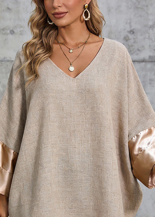 Champagne Color Silk Patchwork Linen Dress V Neck Spring