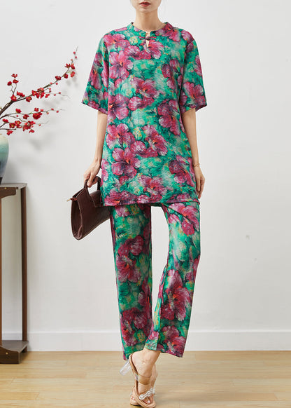 Green Print Linen Two Pieces Set Chinese Button Summer