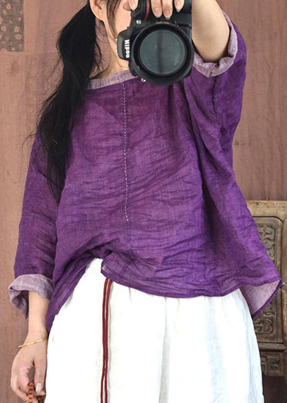 Purple O-neck Wrinkled Linen Shirt Spring