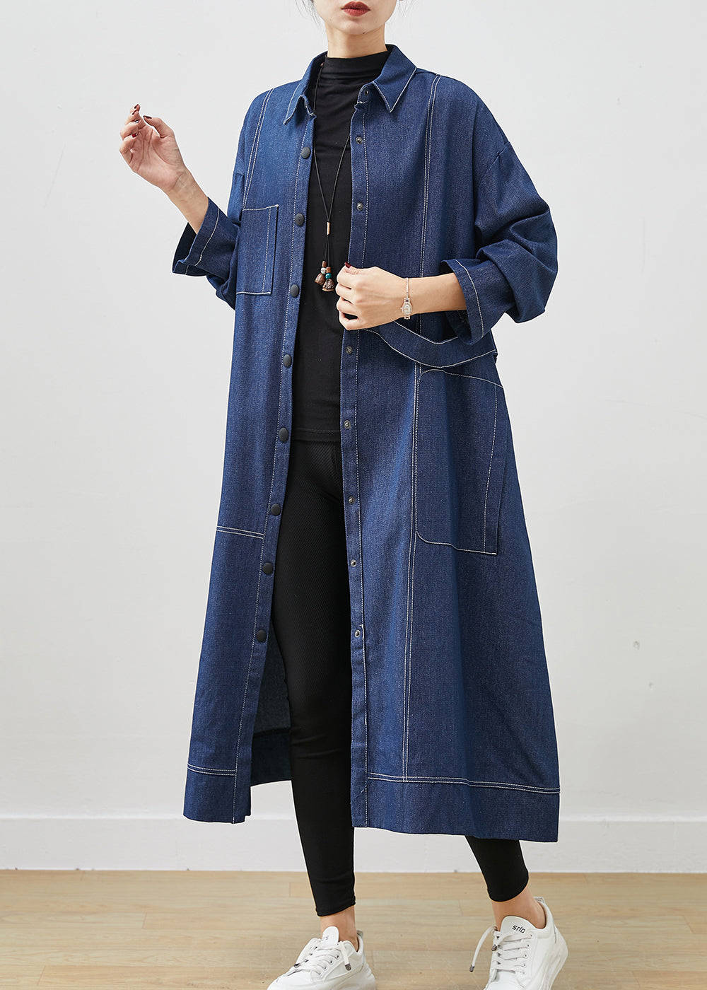 Navy Oversized Pockets Denim Coat Spring