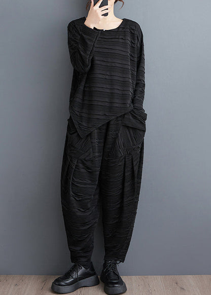 Loose Black Wrinkled Patchwork Tops and Harem Pants Cotton Two Pieces Set Fall