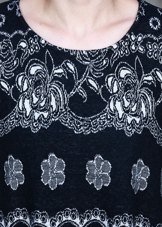 Black Knit Print Fall Long Sleeve Dress