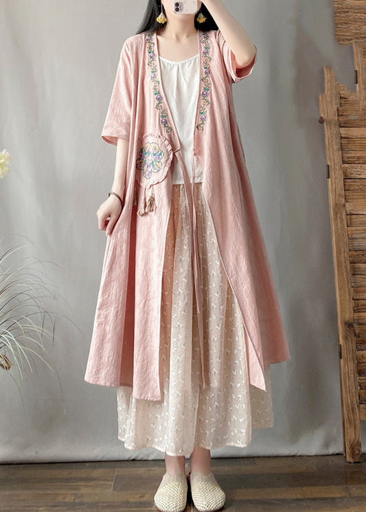 Pink Embroidered Tassel Long Cardigans Summer