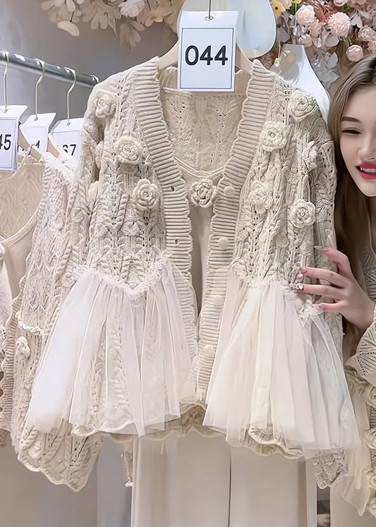 Beige Flower Tulle Patchwork Knit Cardigan Two Piece Set Spring