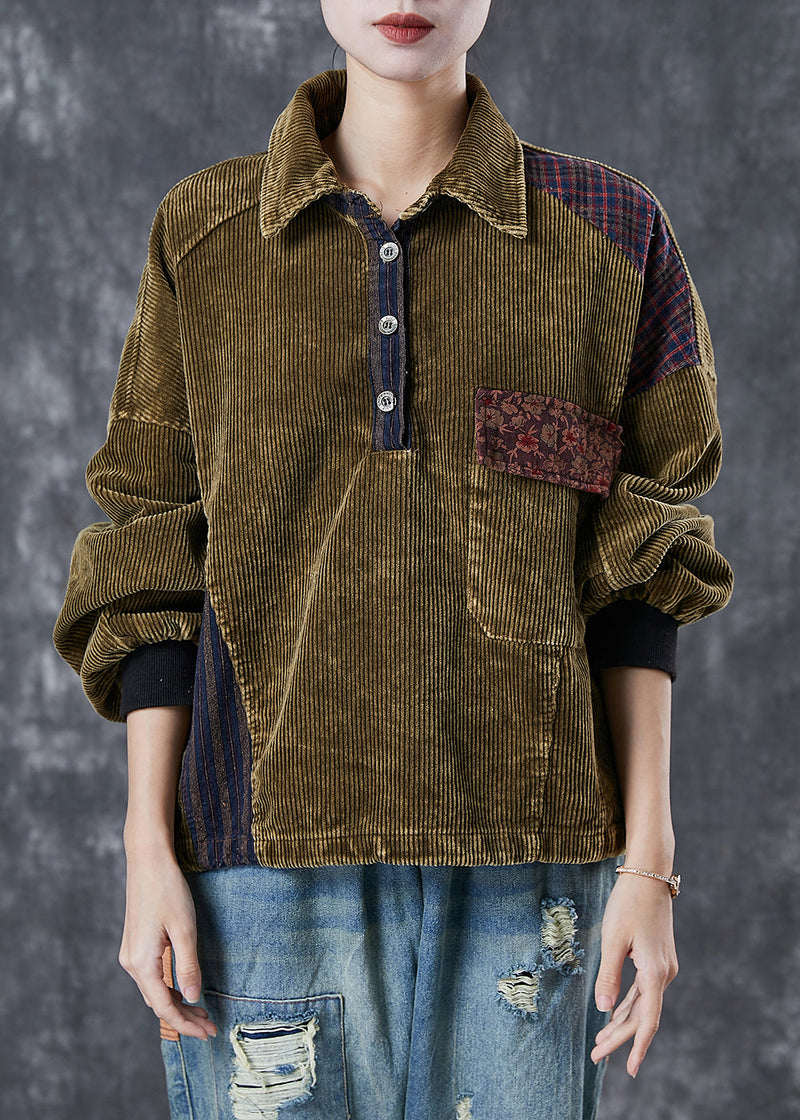 Green Oversized Patchwork Corduroy Sweatshirts Top Spring