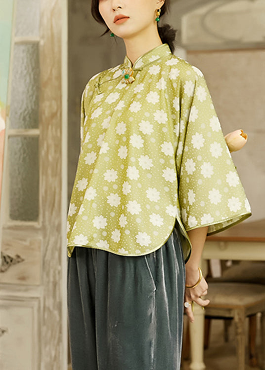 Chinese Style Yellow Green Jacquard Stand Collar Silk Top Three Quarter Sleeve