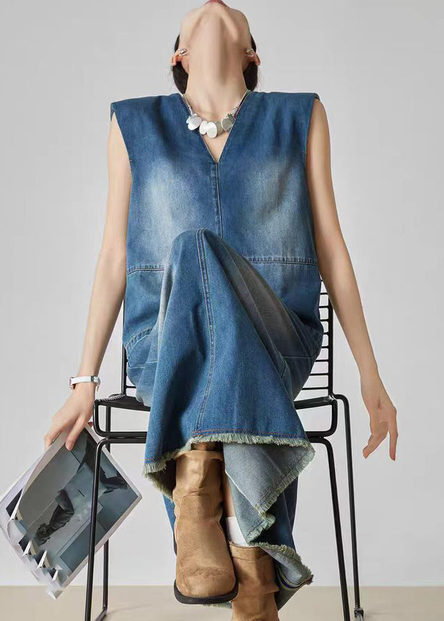 Handmade Denim Blue Patchwork Top and Jeans Two Piece Set Summer