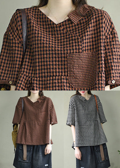 Black Asymmetrical Design V Neck Linen Tops Short Sleeve