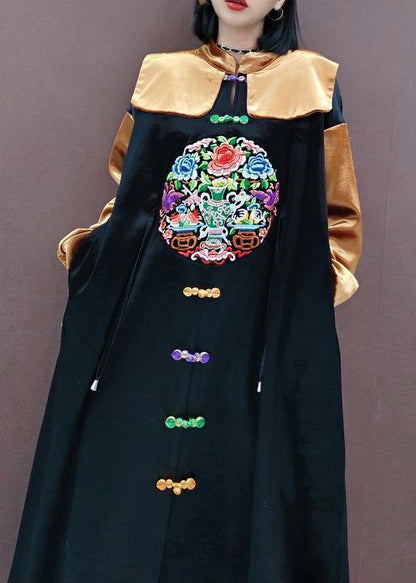 French Black Embroidery Tunic Stand Collar Patchwork Spring Dresses