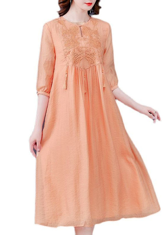 Orange Tasseled Embroideried Patchwork Silk Dress Half Sleeve