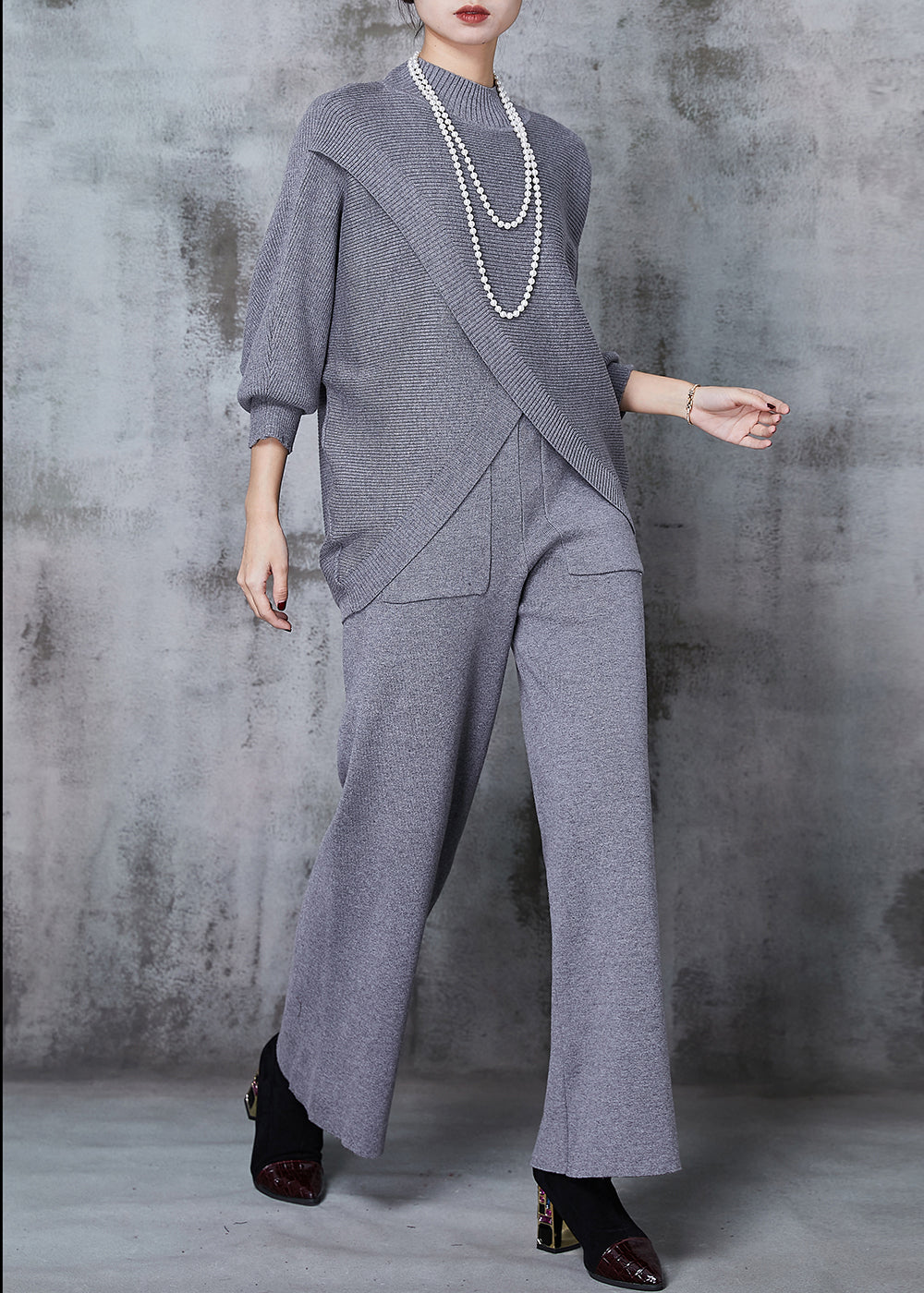 Grey Asymmetrical Design Knit Two Pieces Set Batwing Sleeve Winter