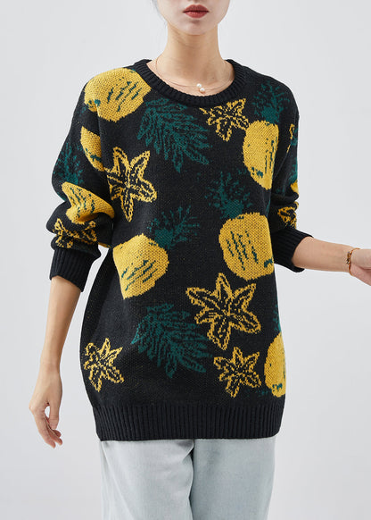 Black Oversized Print Knit Sweater Tops Winter