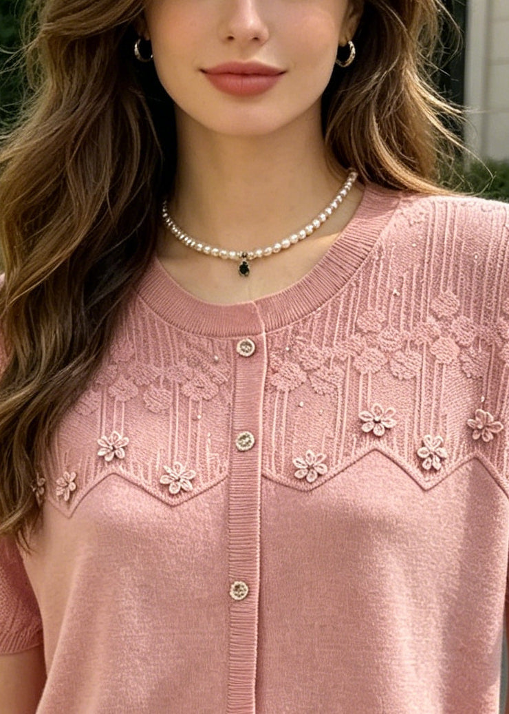 Style Pink O-neck Patchwork Flower Knit Top Summer