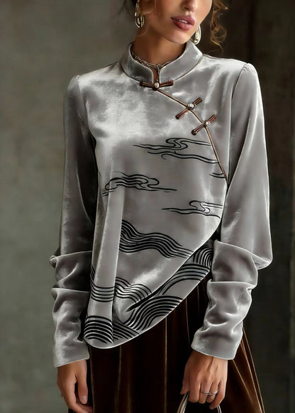 Chinese Style Grey Oriental Button Velour Shirts Spring