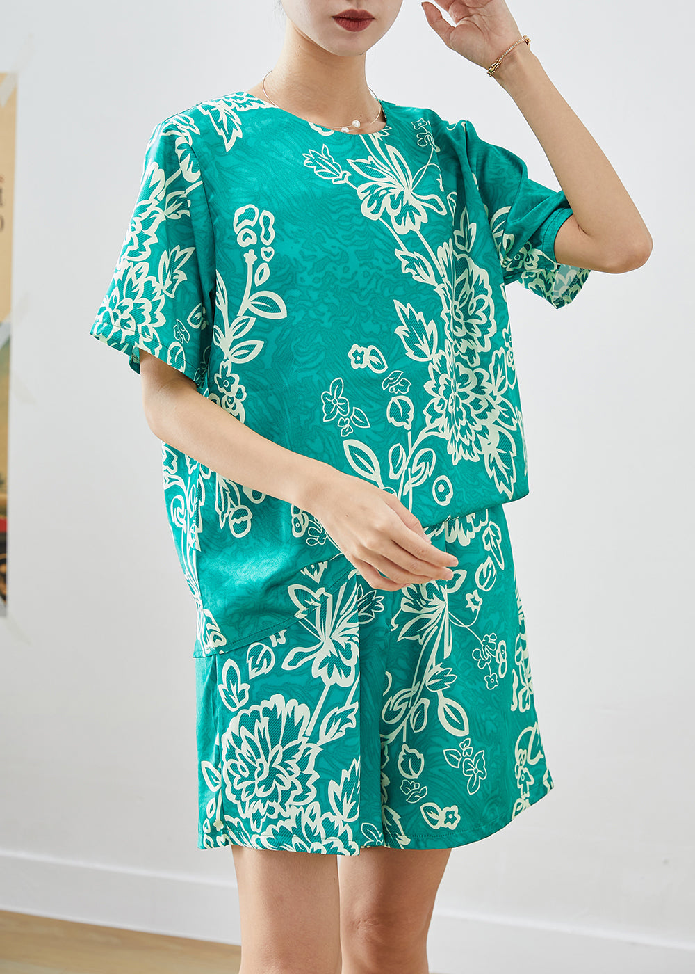 Art Green O-neck Oversized Print Silk Two Pieces Set Summer