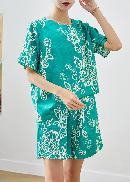 Art Green O-neck Oversized Print Silk Two Pieces Set Summer