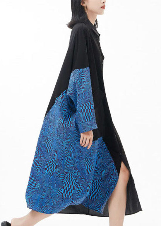 Blue Peter Pan Collar Batwing Sleeve Patchwork Silk Shirt Dresses