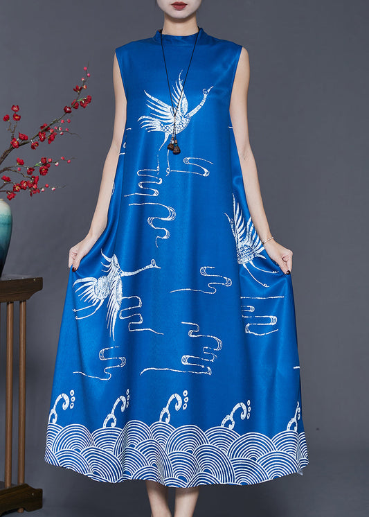 French Blue Stand Collar Print Cotton a Line Dress Sleeveless