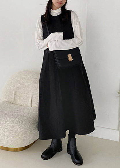 Simple Black O-neck Pockets Cotton Filled Tank Dress Sleeveless
