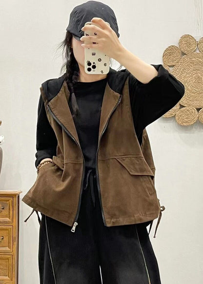 Khaki Hooded Zippered Patchwork Denim Vest Sleeveless