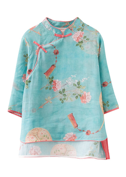 French Green Stand Collar Low High Design Print Linen Blouse Tops Spring