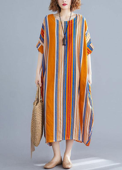 Orange Cashews O-neck Striped Summer Cotton Maxi Dresses