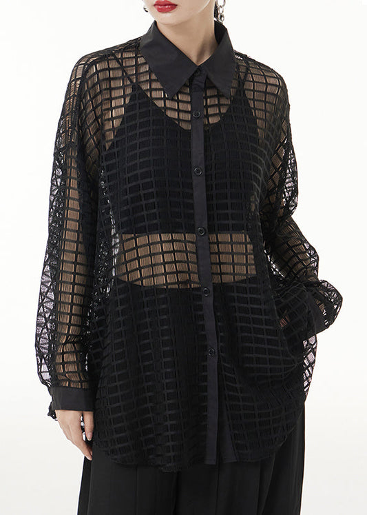 Black Peter Pan Collar Hollow Out Patchwork Lace Shirts Long Sleeve
