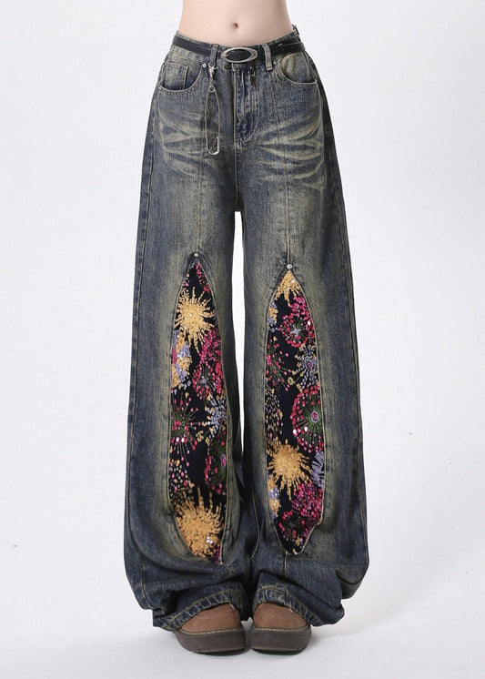 Navy Sequins Patchwork Denim Pants Spring