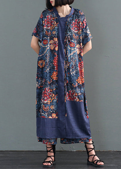 Blue Print Patchwork Lace Up Silk Two Pieces Set Fall