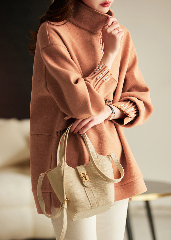 Brown Oversized Nail Bead Cotton Loose Sweatshirts Top Spring