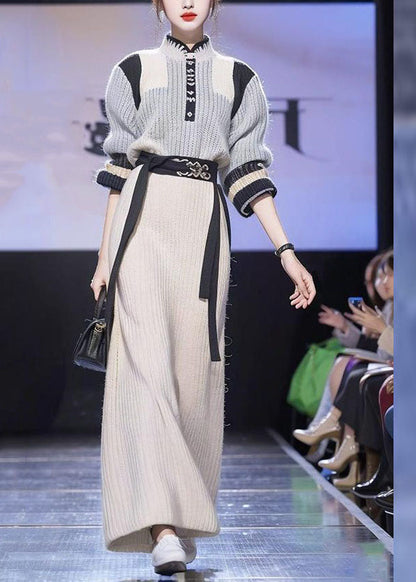 French Grey Tie Waist Cotton Knit Sweaters and Beige a Line Skirts Two Piece Set Long Sleeve