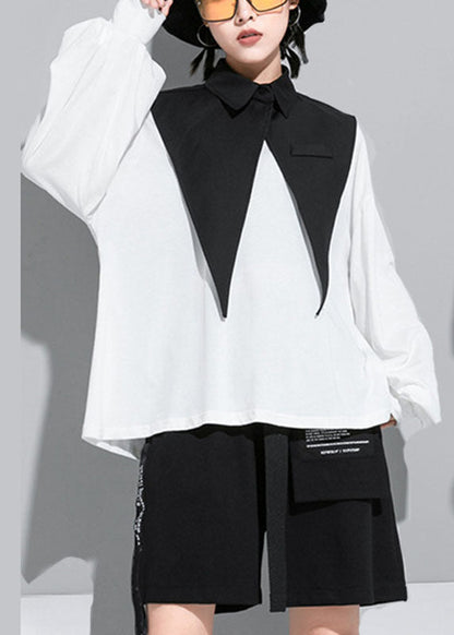 Modern White Lantern Sleeve Patchwork Peterpan Collar Fall Shirt Top