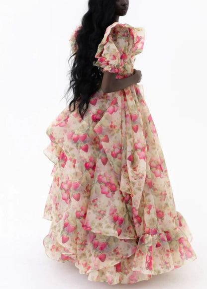 Print Ruffled High Waist Chiffon Maxi Dresses Puff Sleeve