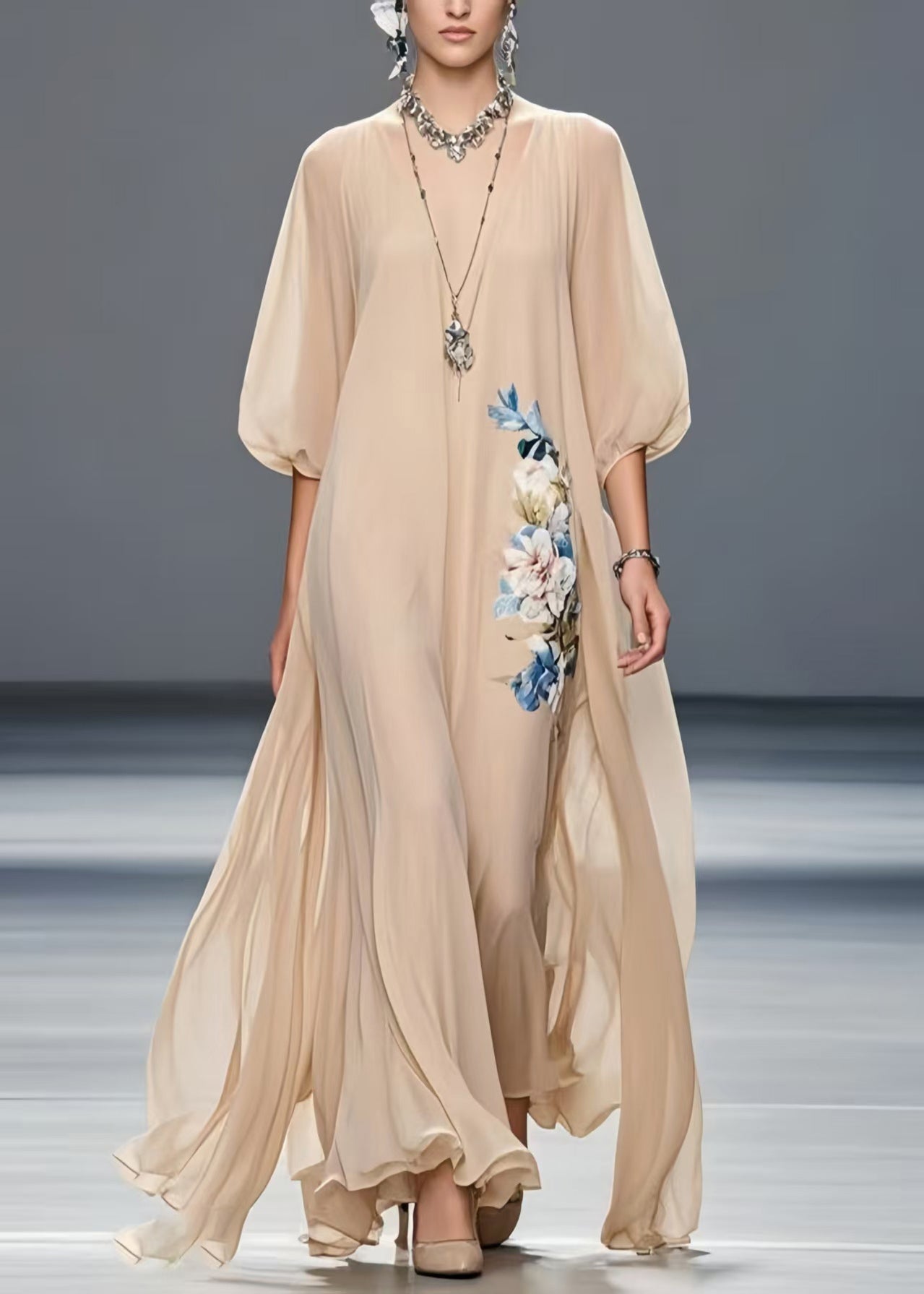 Art Khaki Oversized Chiffon Holiday Dress Summer