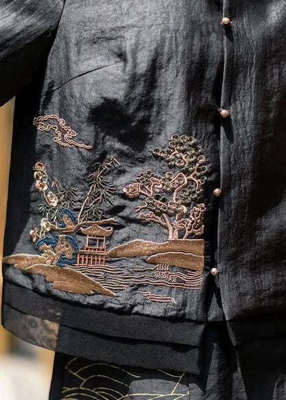 Original Design Black Stand Collar Embroideried Patchwork Silk Top Half Sleeve