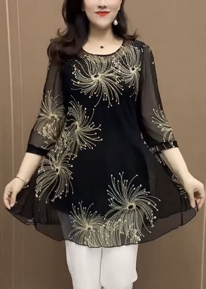 New Black O Neck Print Patchwork Chiffontops Half Sleeve