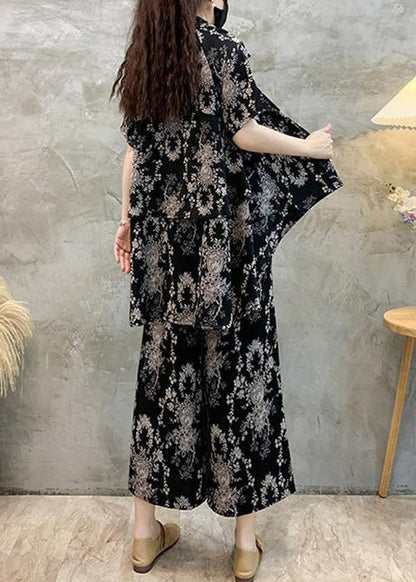 Black Low High Design Cotton Two-piece Set Peter Pan Collar Short Sleeve