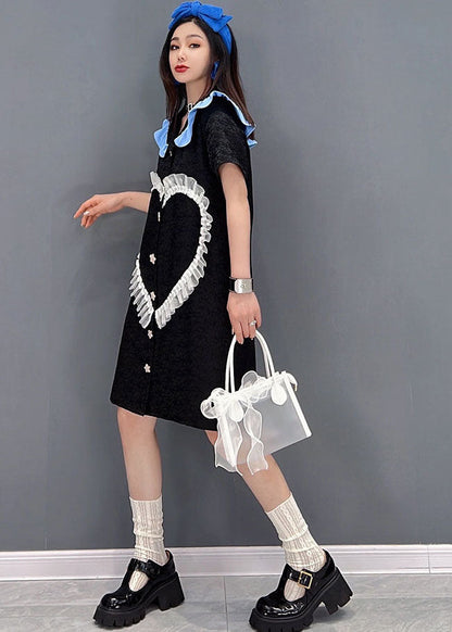 Black Peter Pan Collar Love Tulle Patchwork Shirt Dress Short Sleeve