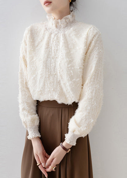 Beige Stand Collar Warm Fleece Blouse Tops Winter